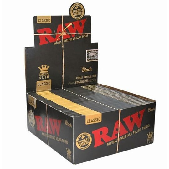 Raw Classic King Size Slim Natural Unrefined Rolling Papers - Black - Box Of 50