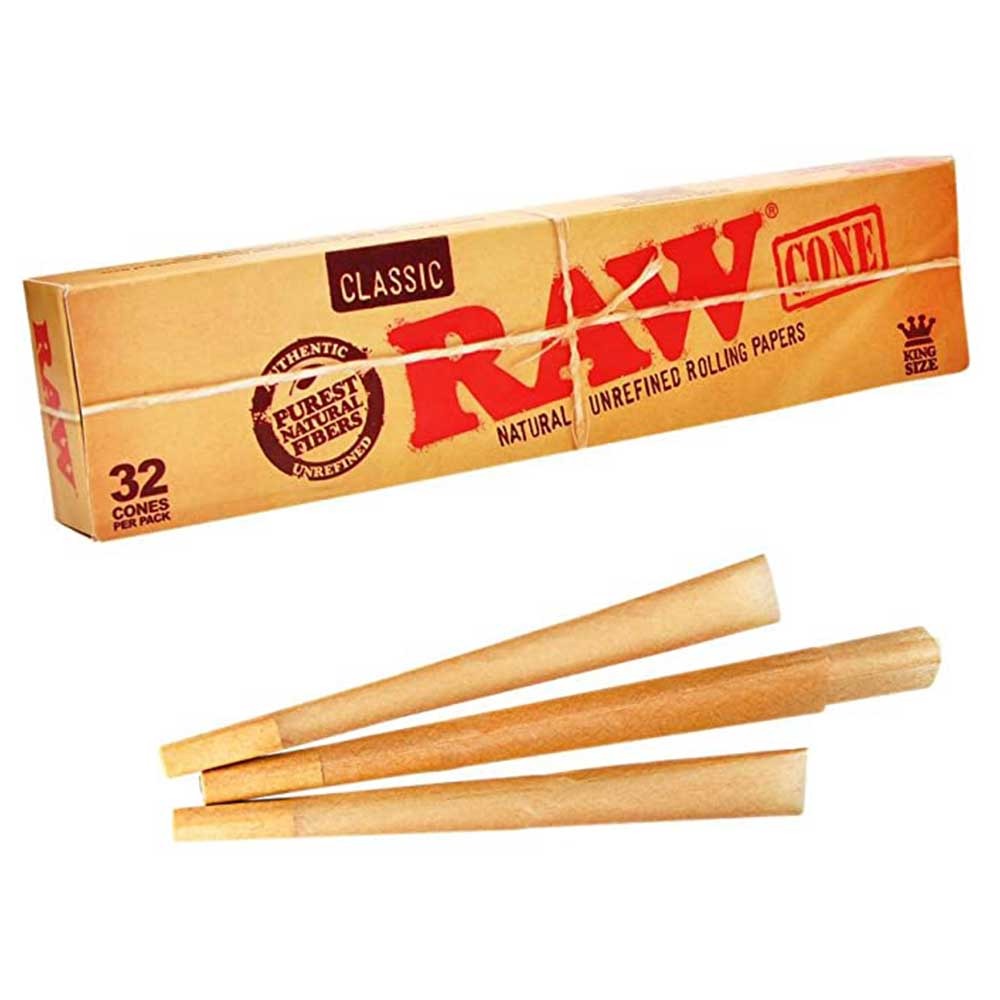 Raw Classic Natural Unrefined King Size PreRolled Rolling Paper Cones 32 Per Box